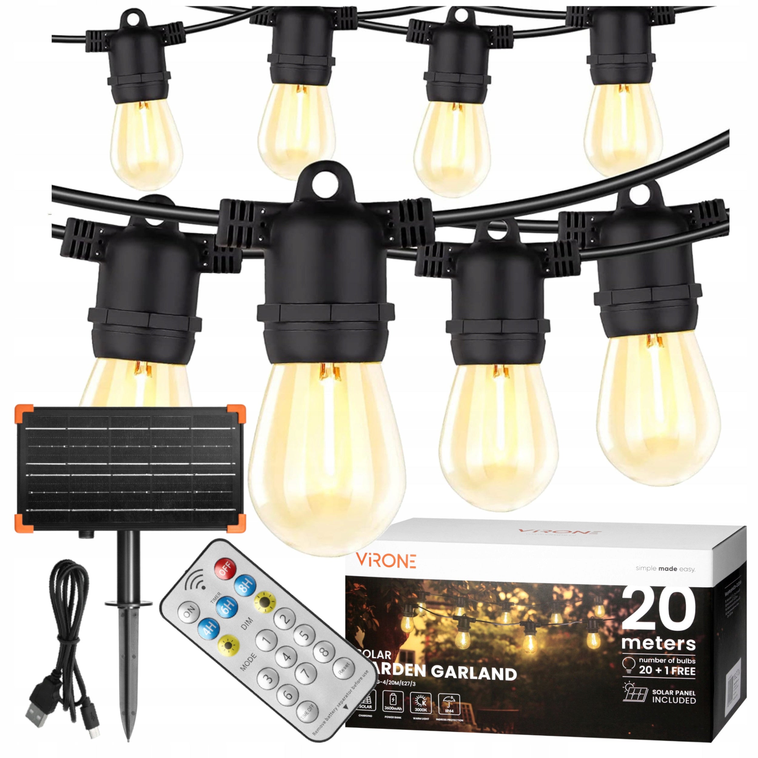 SOLAR GARLAND GARDEN SOLAR LIGHTS 20M 21x LED BULB E27 + REMOTE CONTROL