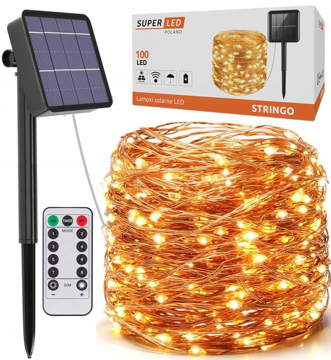 SOLAR GARLAND GARDEN WIRE LIGHT CHAIN 100 LED 10m + REMOTE CONTROL
