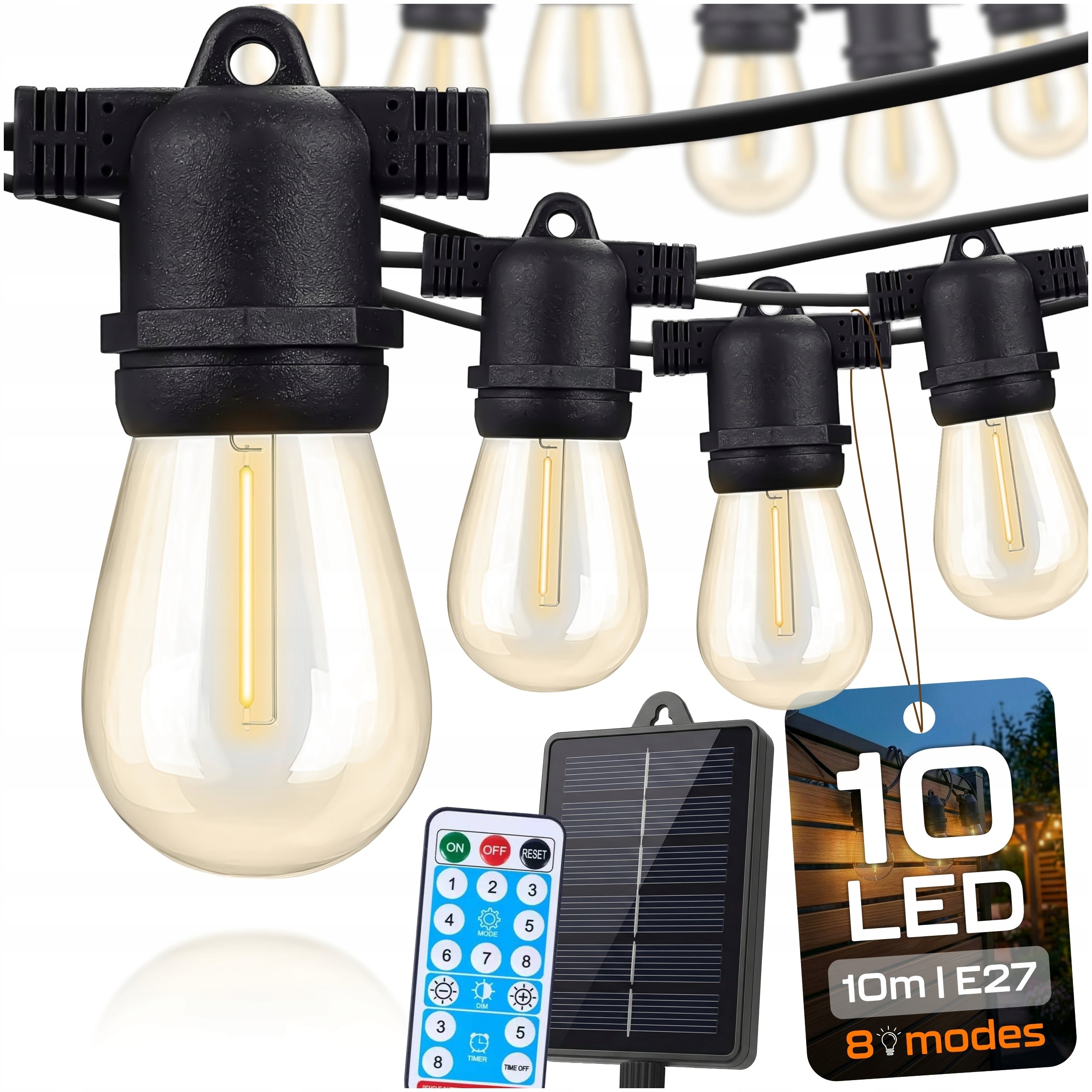 SOLAR GARLAND LED GARDEN LIGHT LAMPS 10M 10+1X BULB E27 + REMOTE CONTROL