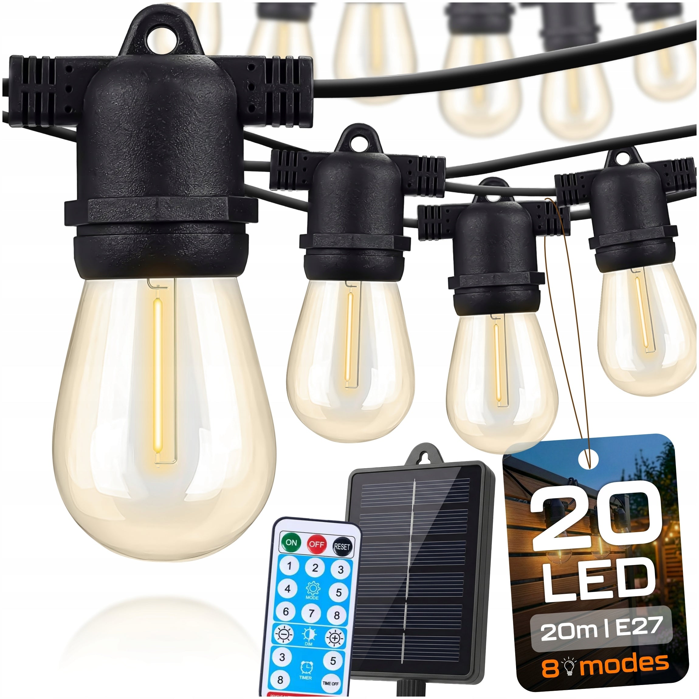 SOLAR GARLAND LED GARDEN LIGHT LAMPS 20M 20+2X BULB E27 + REMOTE CONTROL