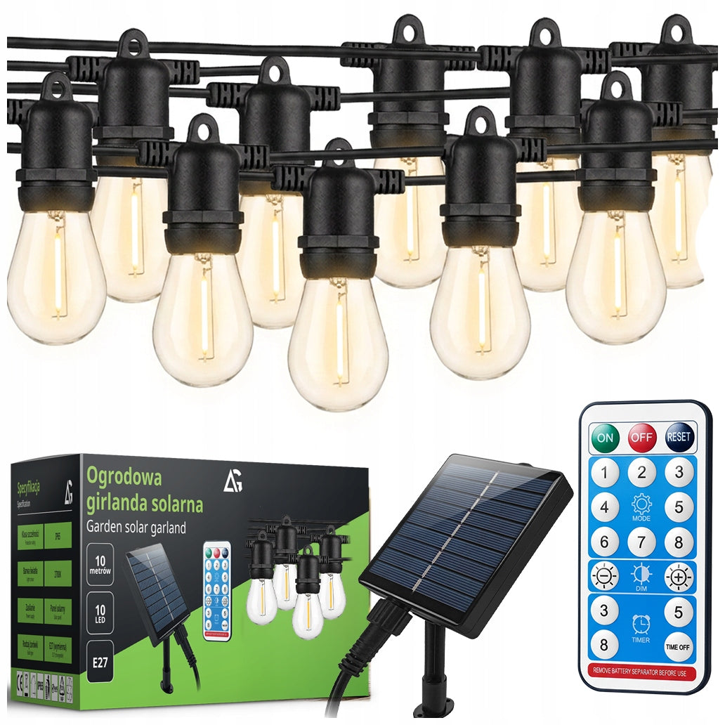 SOLAR Garden Garland Light 10M 10X LED Bulb E27 + REMOTE CONTROL CABLE