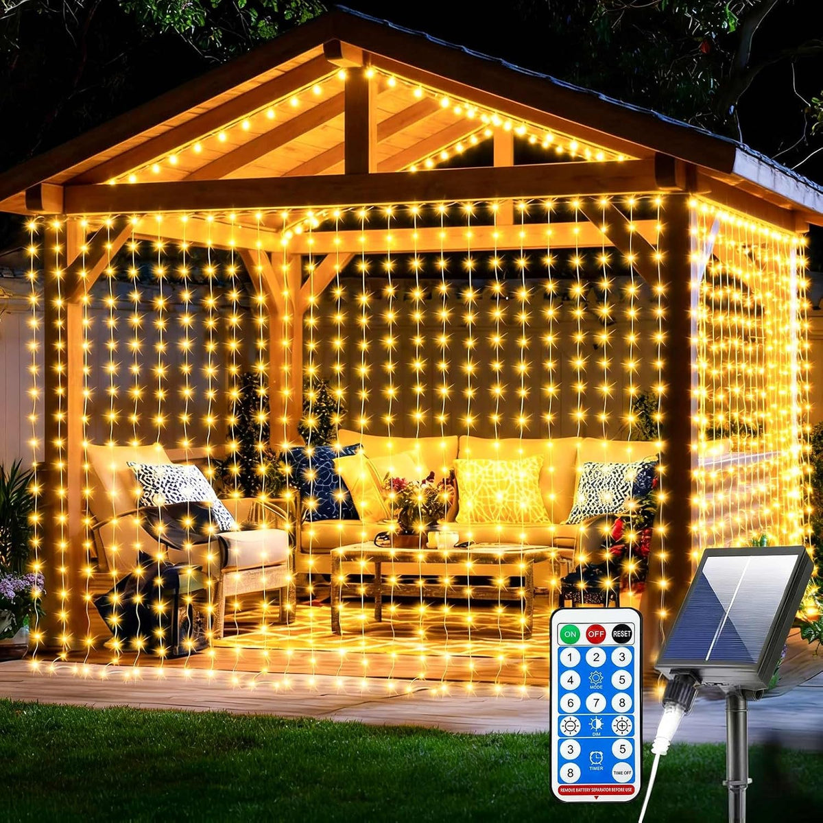 SOLAR LED LIGHT CURTAIN 3X3M 300 LEDS WITH REMOTE CONTROL 8 WATERPROOF MODES
