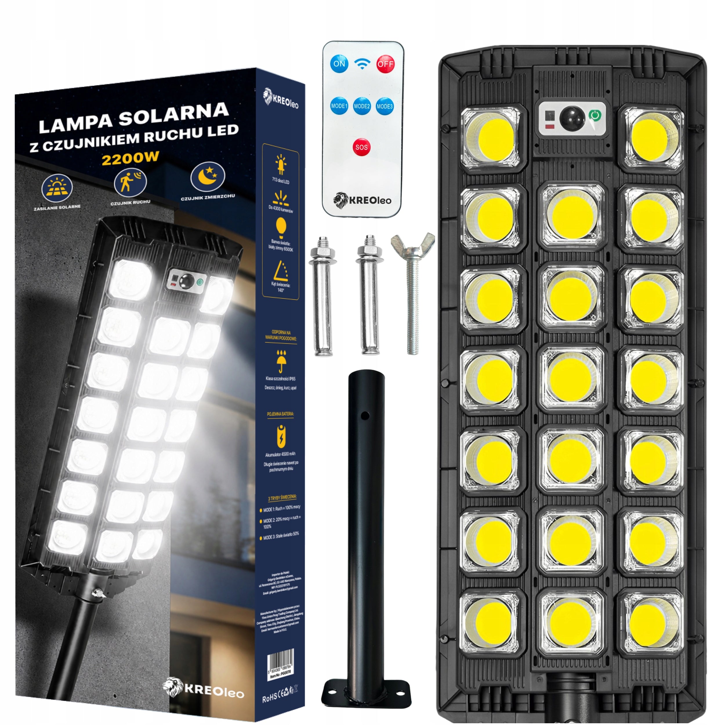 SOLAR LED OUTDOOR STREET LAMP WITH MOTION AND DUSK SENSOR 2200W Packaging status original