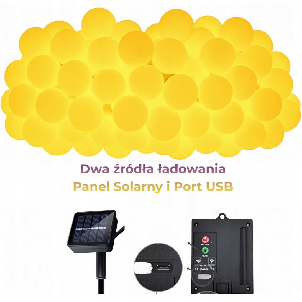 SOLAR LIGHTS USB GARDEN GARLAND SOLAR 50 LED BALLS WHITE WARM 7M Packaging status original