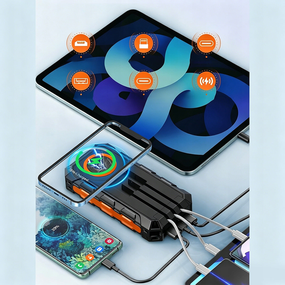 SOLAR POWER BANK 52800MAH WIRELESS CHARGING WITH FLASHLIGHT TYPE-C USB Battery type lithium-ion