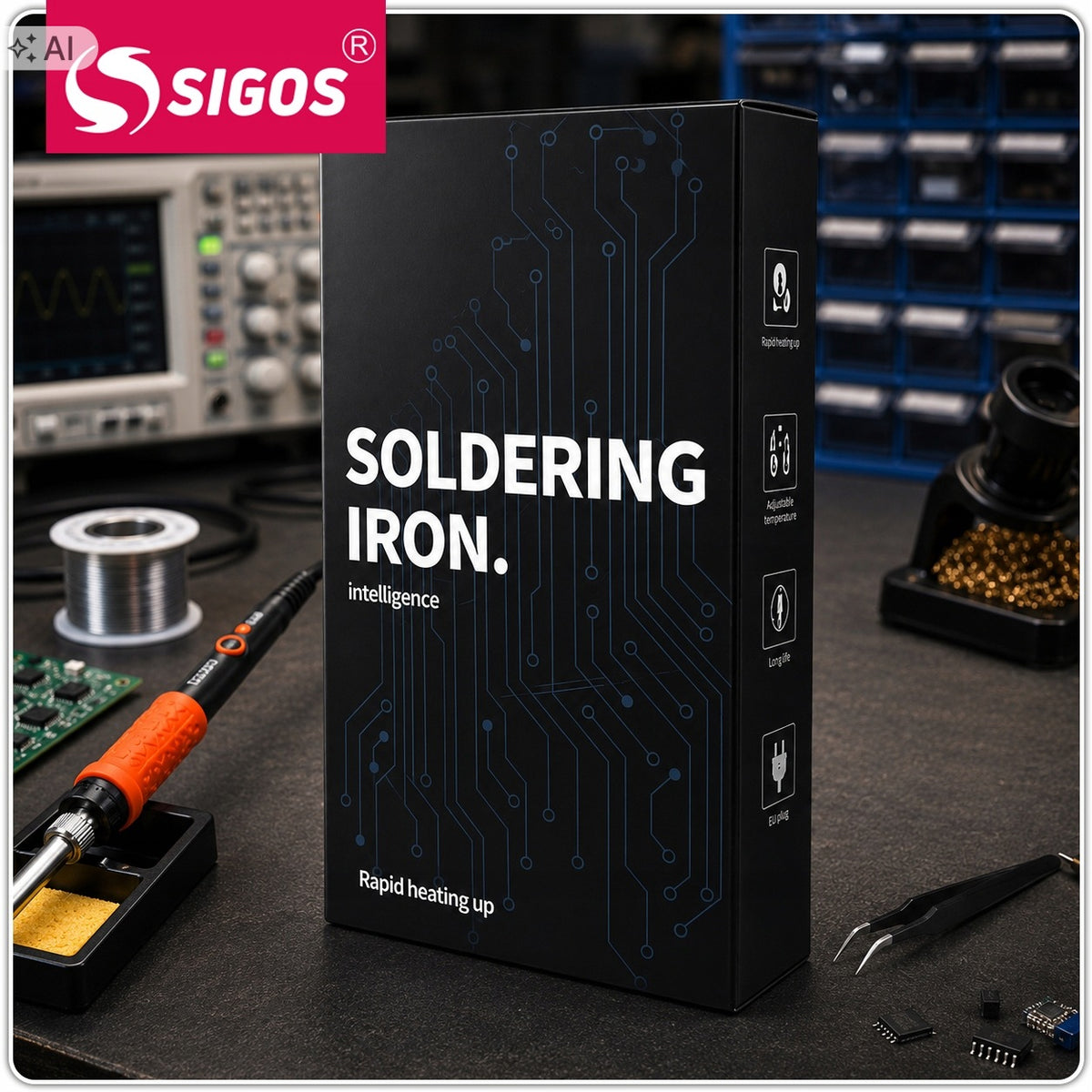 SOLDERING IRON ELECTRIC SET 200-450°C TIP EXTRACTOR TIN TWEEZERS CASE Manufacturer code SIGOS ZESTAW LUTOWNICZY Z AKCESORIAMI