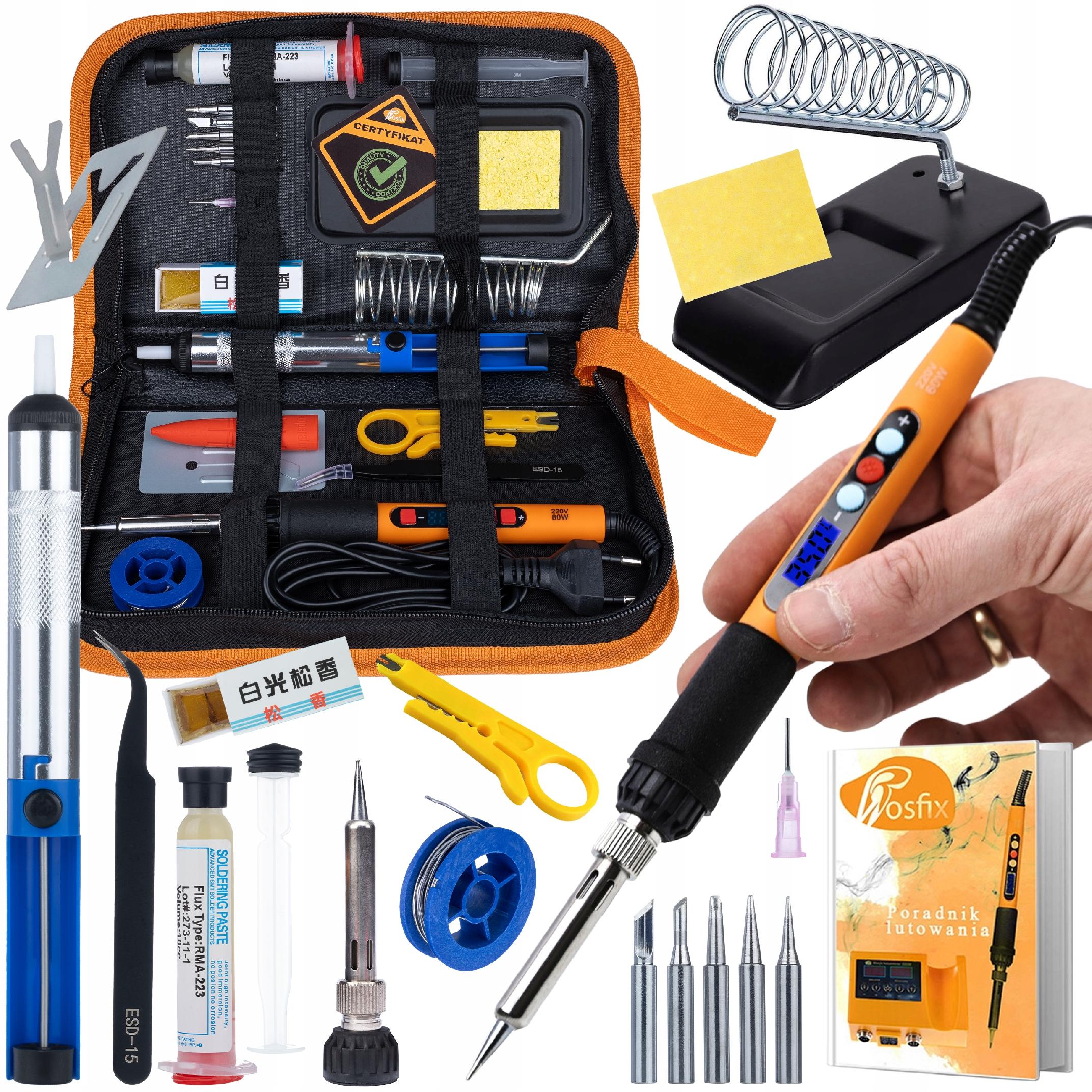SOLDERING KIT ROSFIX 60W LCD TIPS FLUX TOOLS CASE 8in1 FOR ELECTRONICS