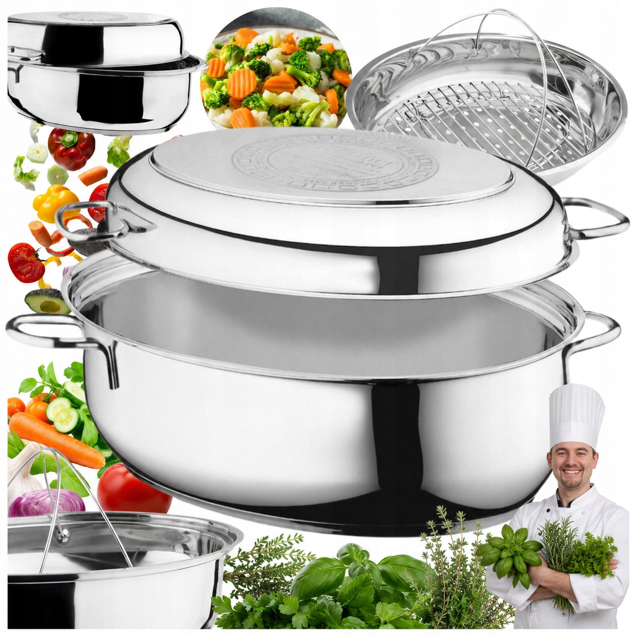 SOLID STAINLESS STEEL Brittany 5,6L 34cm 3in1 Grate Steam Refill