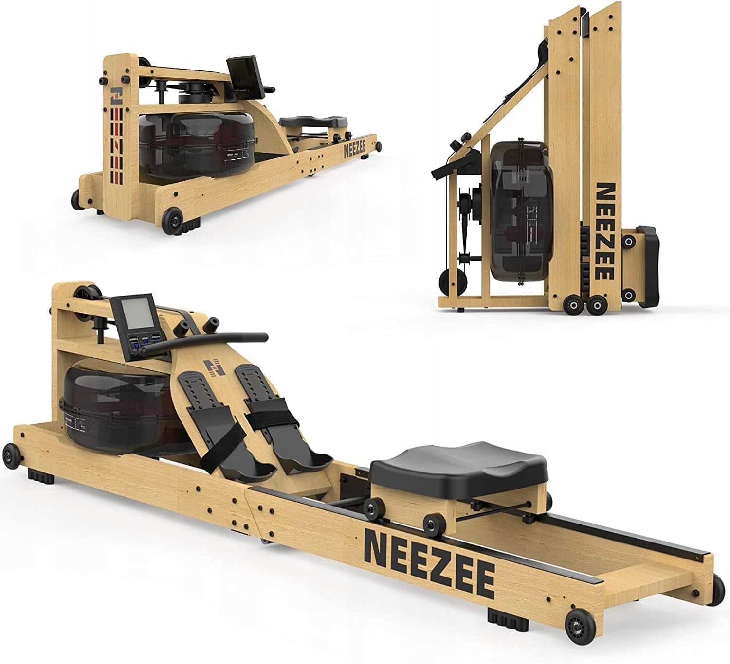 SOLID WOOD FOLDING WATER ROWING MACHINE WITH BLUETOOTH MONITOR AND HANDLE