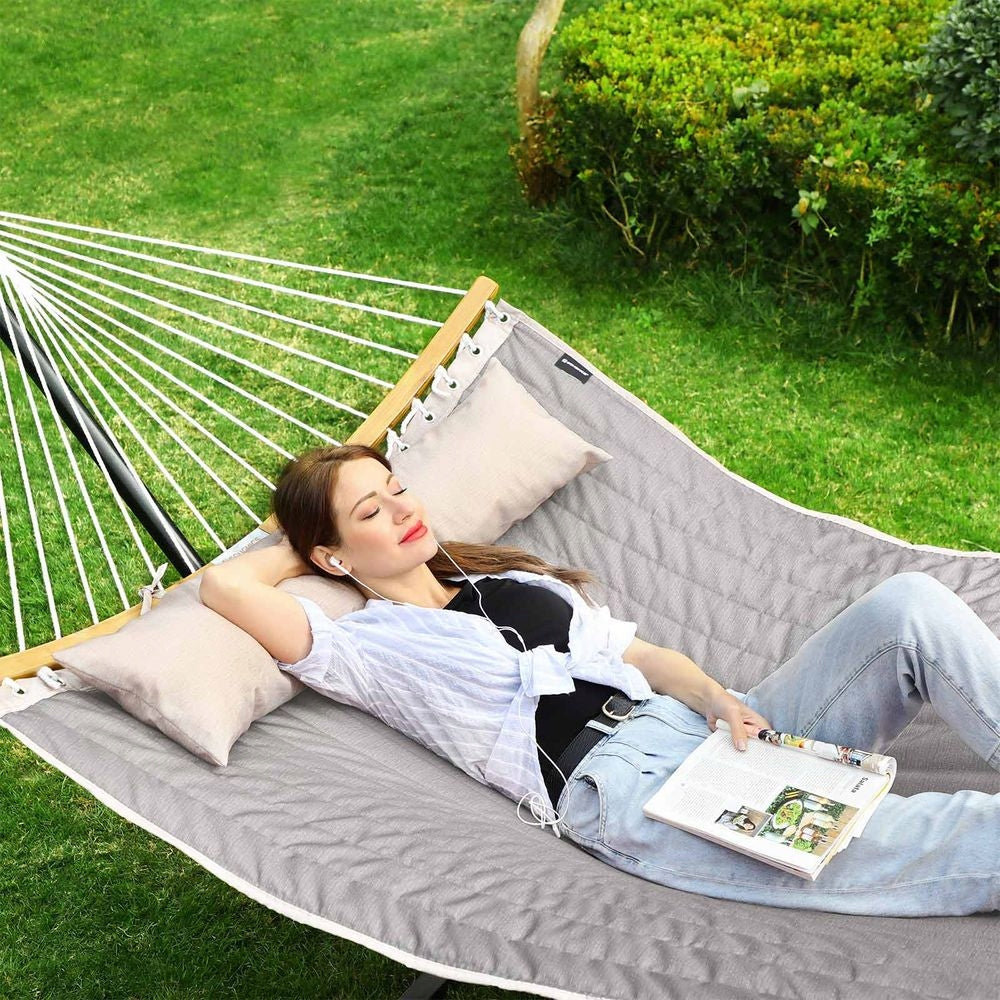 SONGMICS DOUBLE HAMMOCK WITH PILLOW 200x140cm GREY-BEIGE Packaging status original