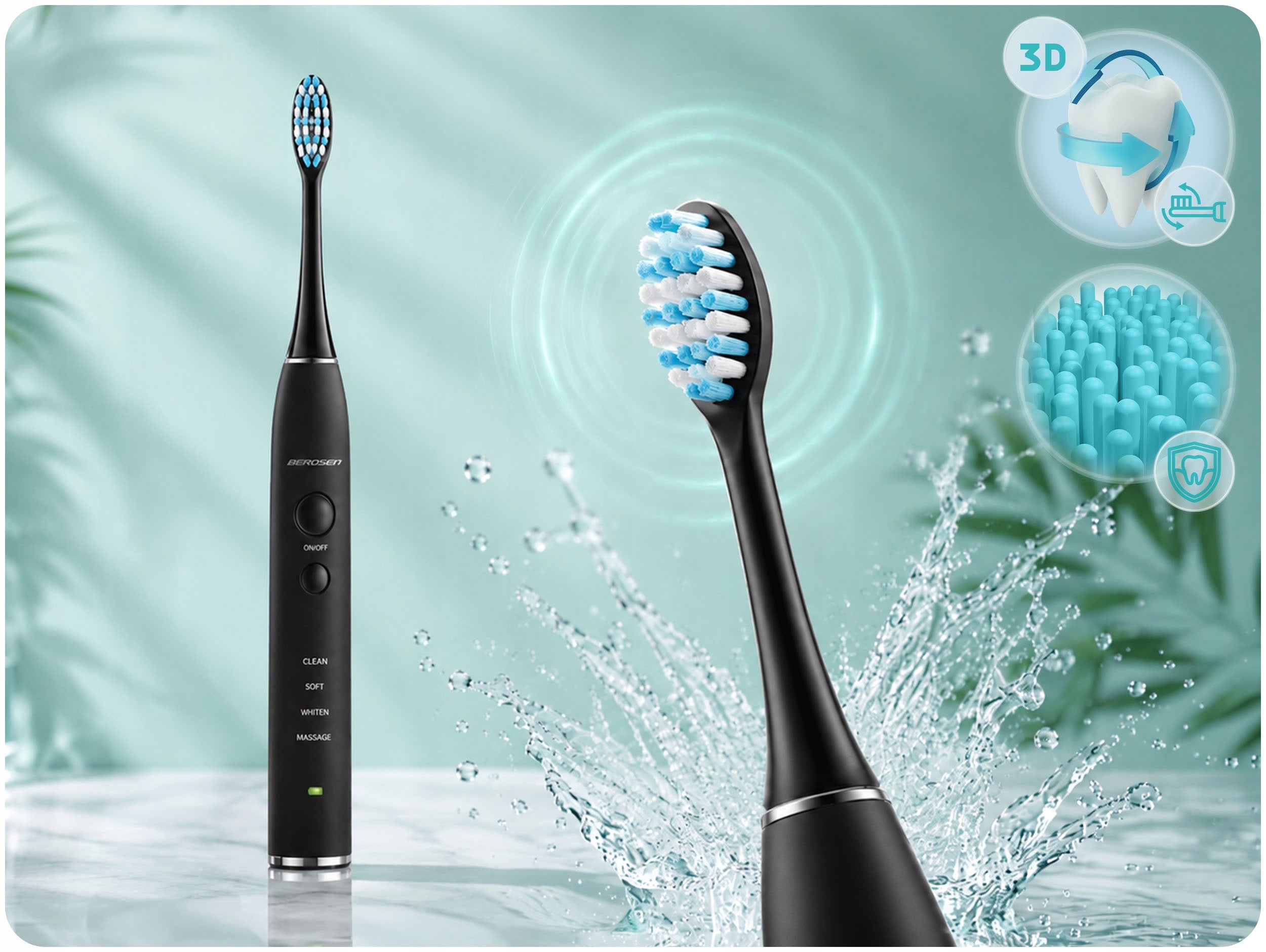 SONIC TOOTHBRUSH BLACK ELECTRIC WHITENING + TIPS Brand Berdsen