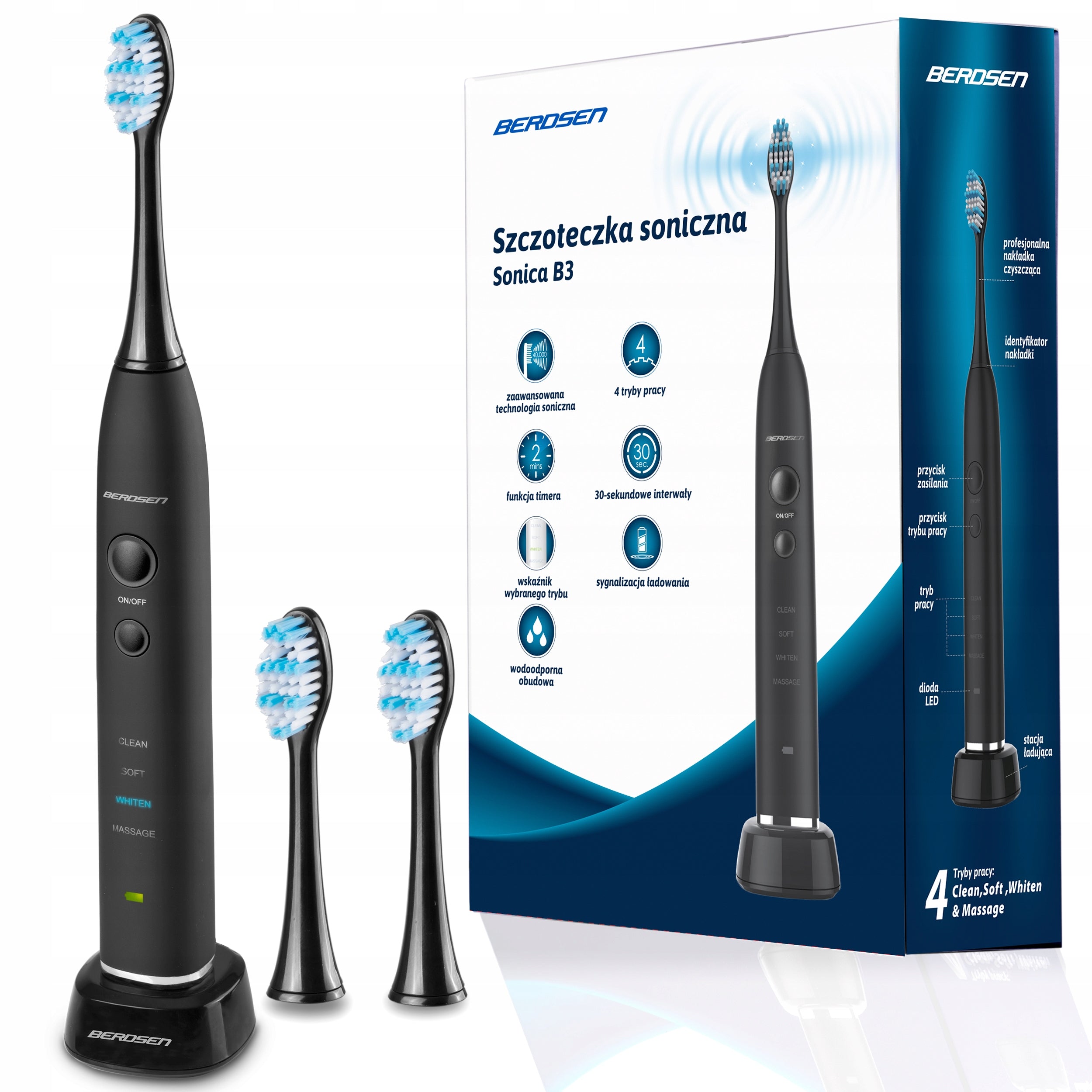 SONIC TOOTHBRUSH BLACK ELECTRIC WHITENING + TIPS