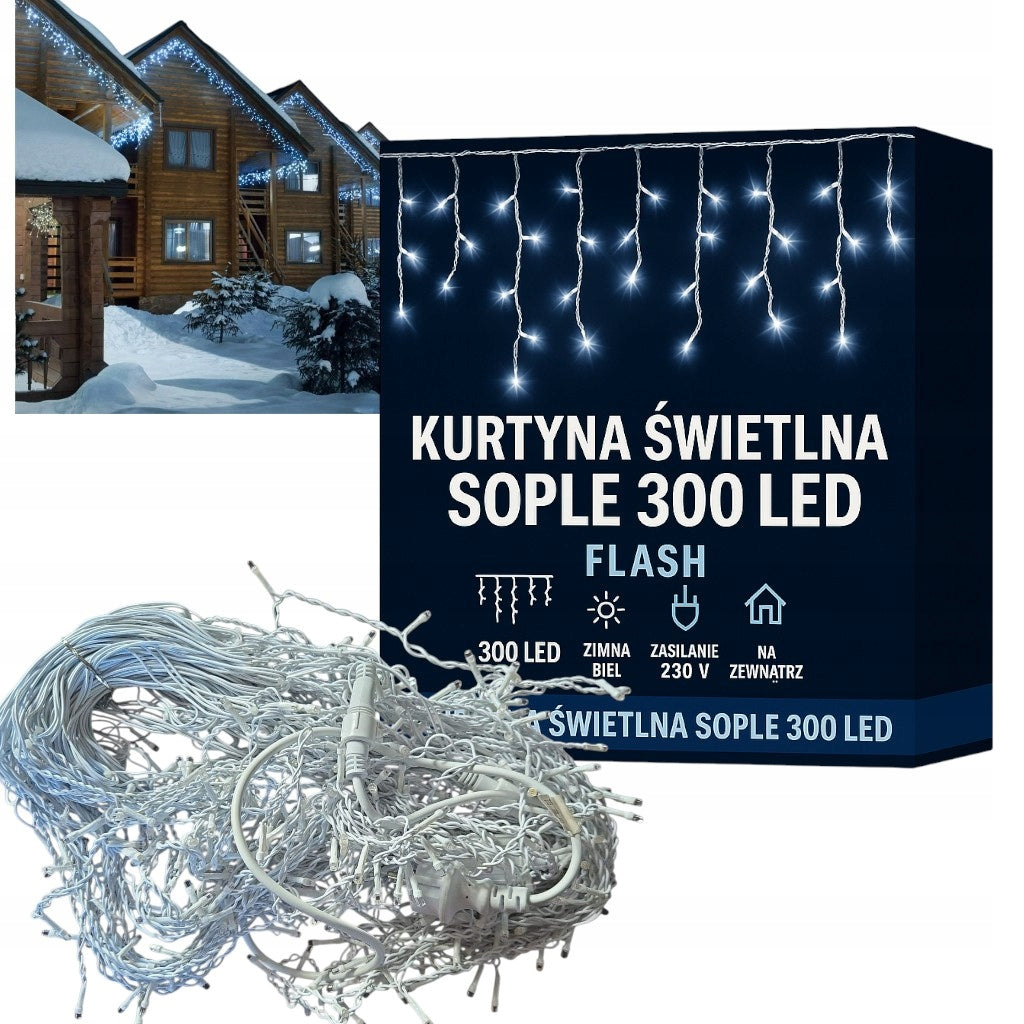 SOPLE 300 LED Light Curtain WHITE COLD 12m GARLAND Outdoor FLASH