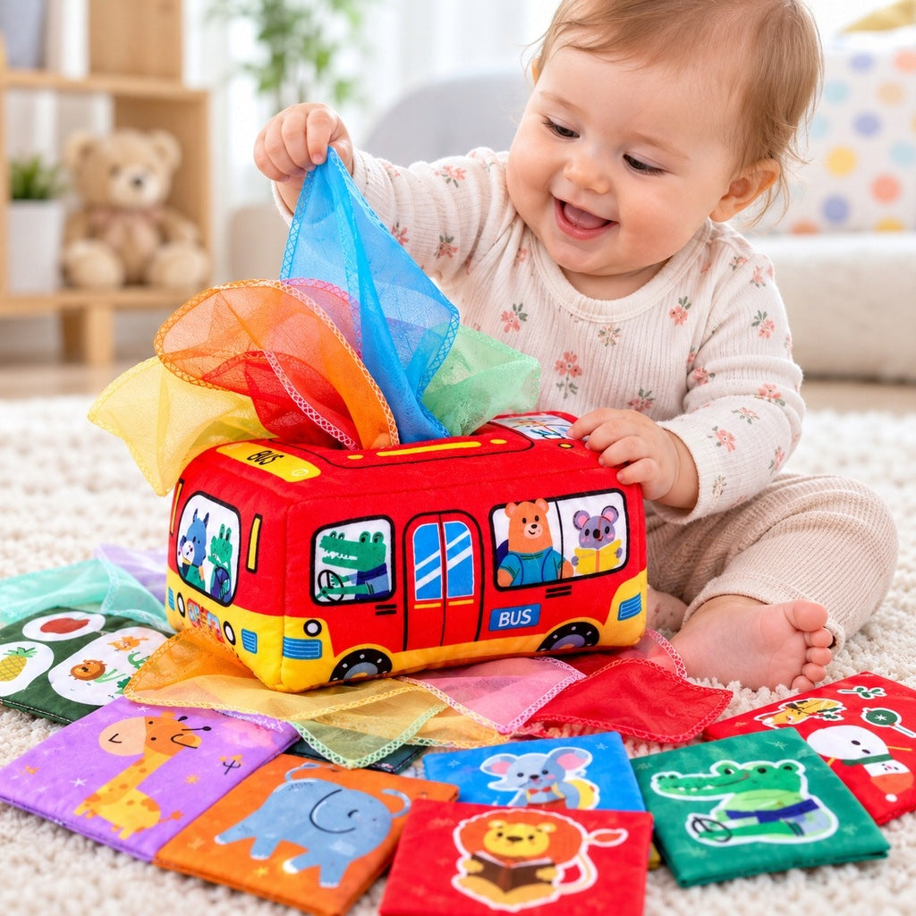 SORTER BOX TISSUE PLUSH SENSORY MONTESSORI BUS ANIMALS Brand HollaKids