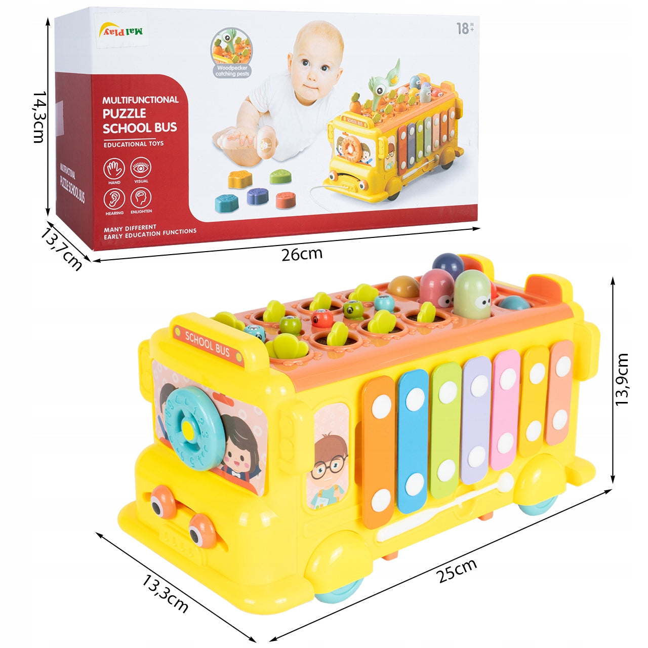 SORTER EDUCATIONAL BUS BLOCKS MONTESSORI CYMBALS CATCH THE WORM Brand MalPlay