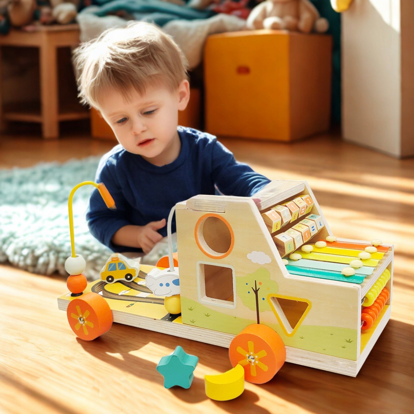 SORTER EDUCATIONAL CUBE Wooden toy TRUCK 7in1 cymbals Brand Doris