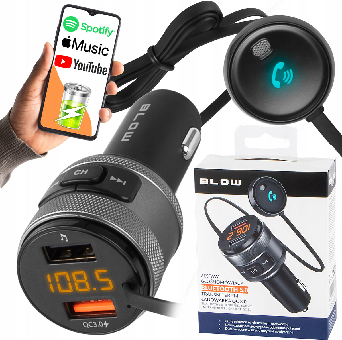 SPEAKERPHONE TRANSMITTER FM BLUETOOTH CAR CHARGER USB QC3