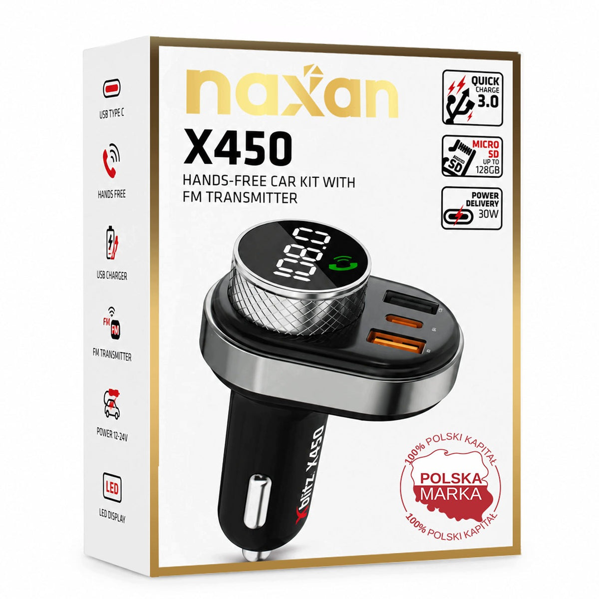 SPEAKERPHONE X450 BLUETOOTH 5.0 FM TRANSMITTER 2xUSB 3.0 +USB-C PD
