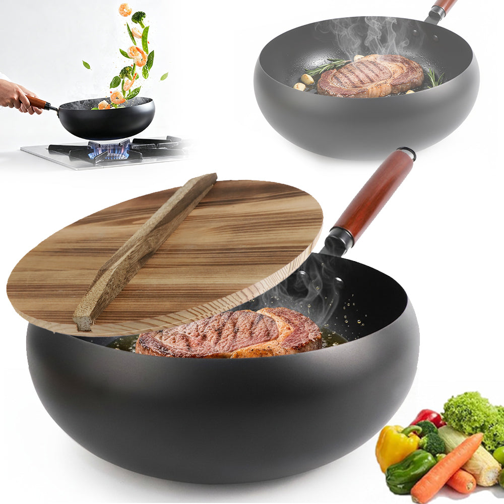 SPHERICAL CAST IRON POT FOR STEWING FRYING WITH WOODEN LID 28CM