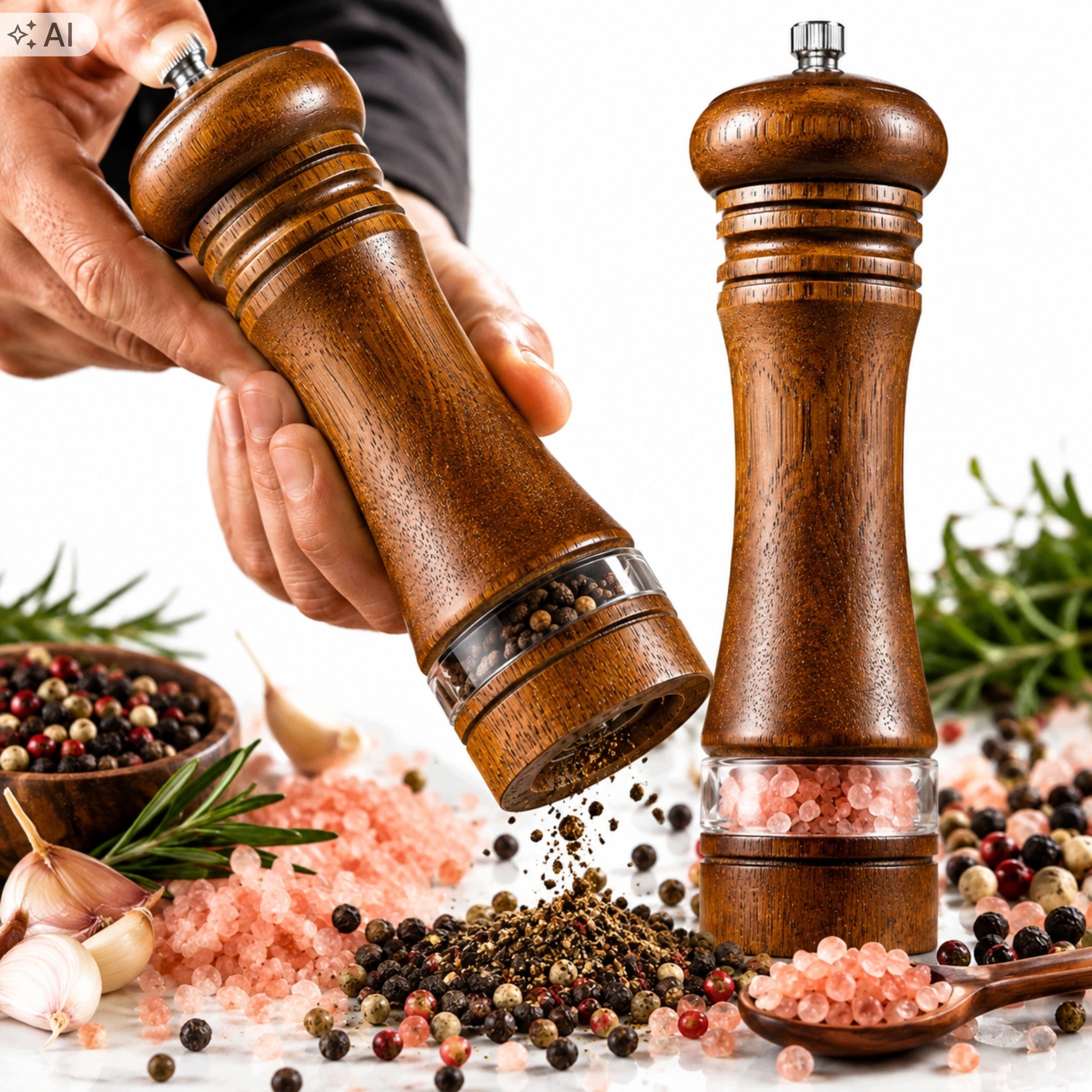 SPICE PEPPER SALT GRINDER HANDHELD SET OF 2 WOODEN KITCHEN GRINDERS