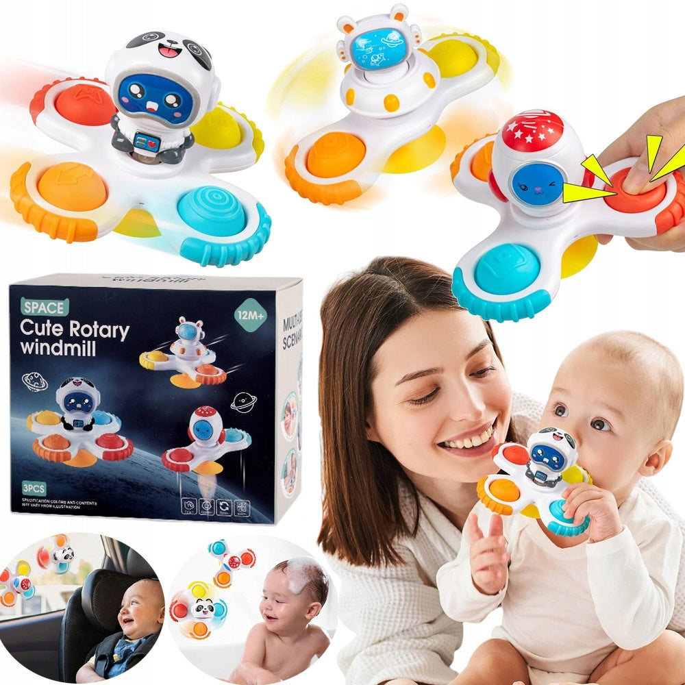 SPINNING RATTLES TEETHERS SPINNERS WITH SUCTION CUPS ASTRONAUT SET OF 3