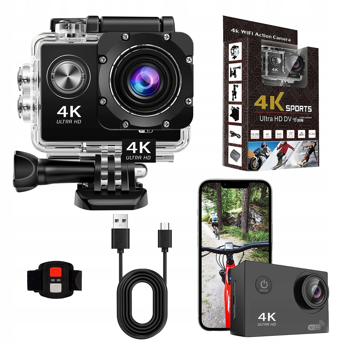 SPORTS CAMERA 4K 1080P FULL HD 20MP WiFi + HANDLES AKCESORIA WATERPROOF