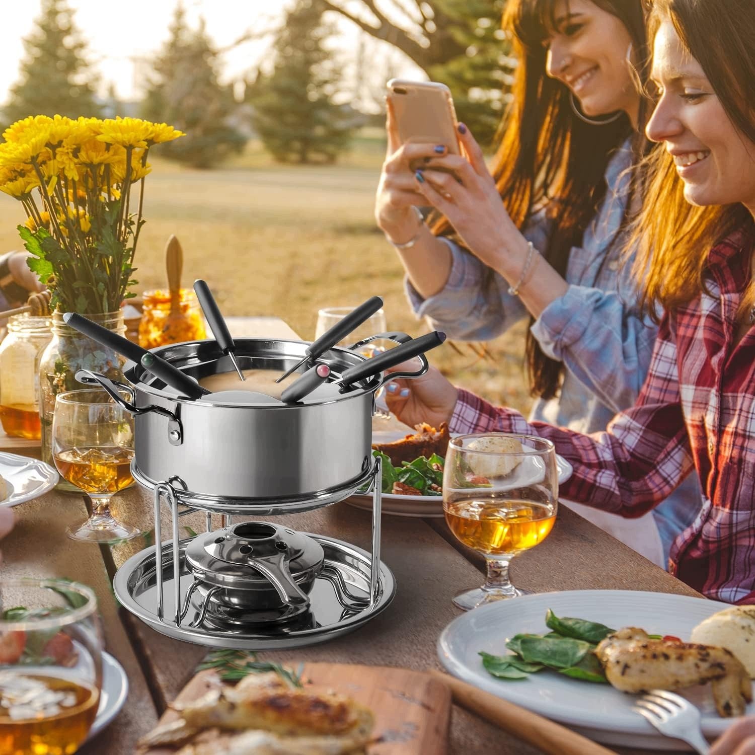 STAINLESS STEEL FONDUE SET 6 FORKS CHEESE CHOCOLATE BURNERS Brand IR