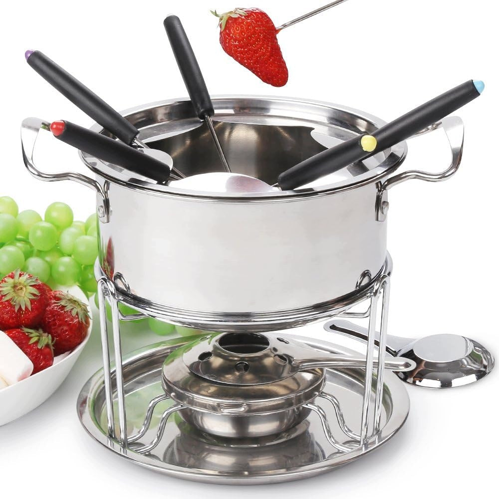 STAINLESS STEEL FONDUE SET 6 FORKS CHEESE CHOCOLATE BURNERS