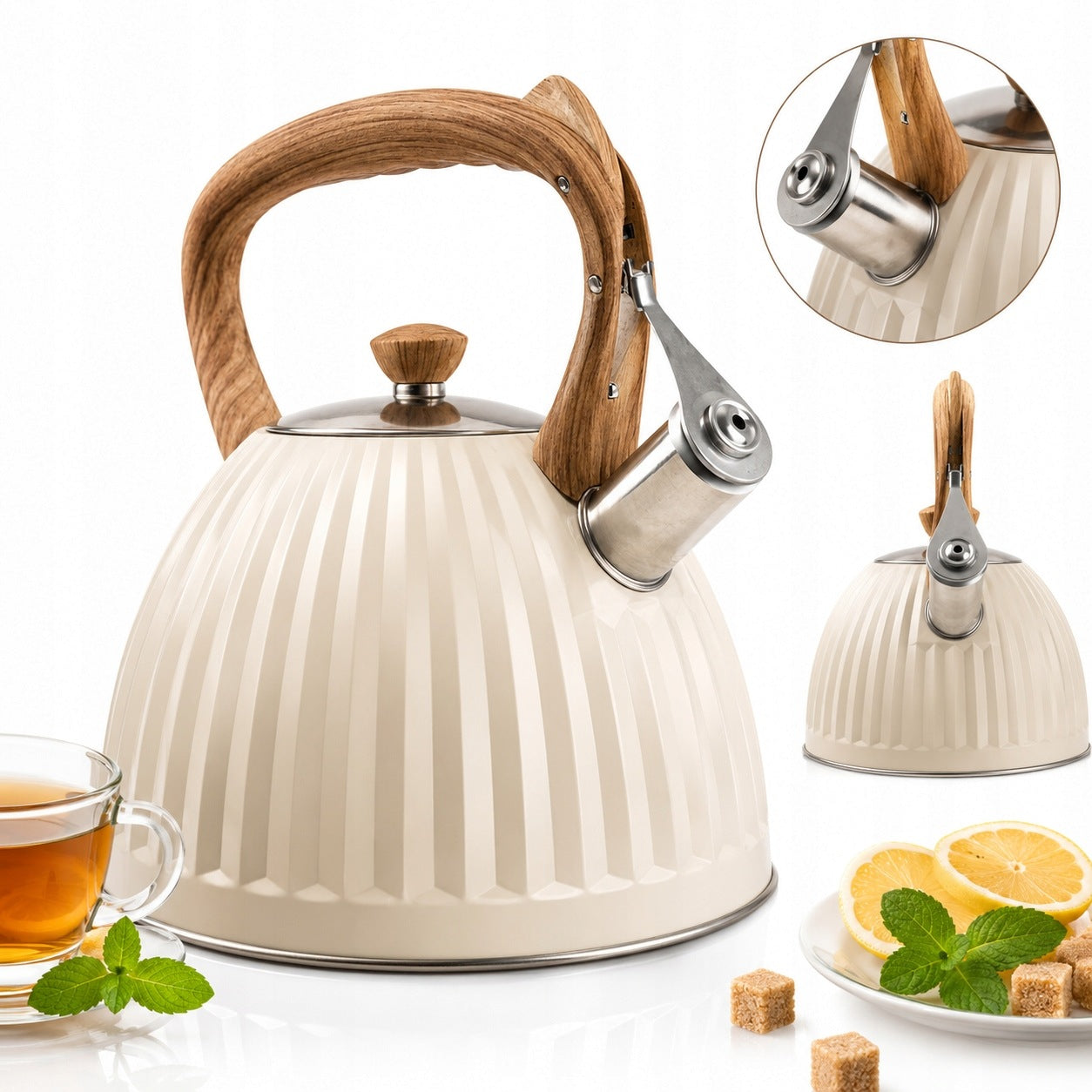 STAINLESS STEEL GROOVED KETTLE TRADITIONAL WITH WHISTLE INDUCTION GAS 2,8L BEIGE