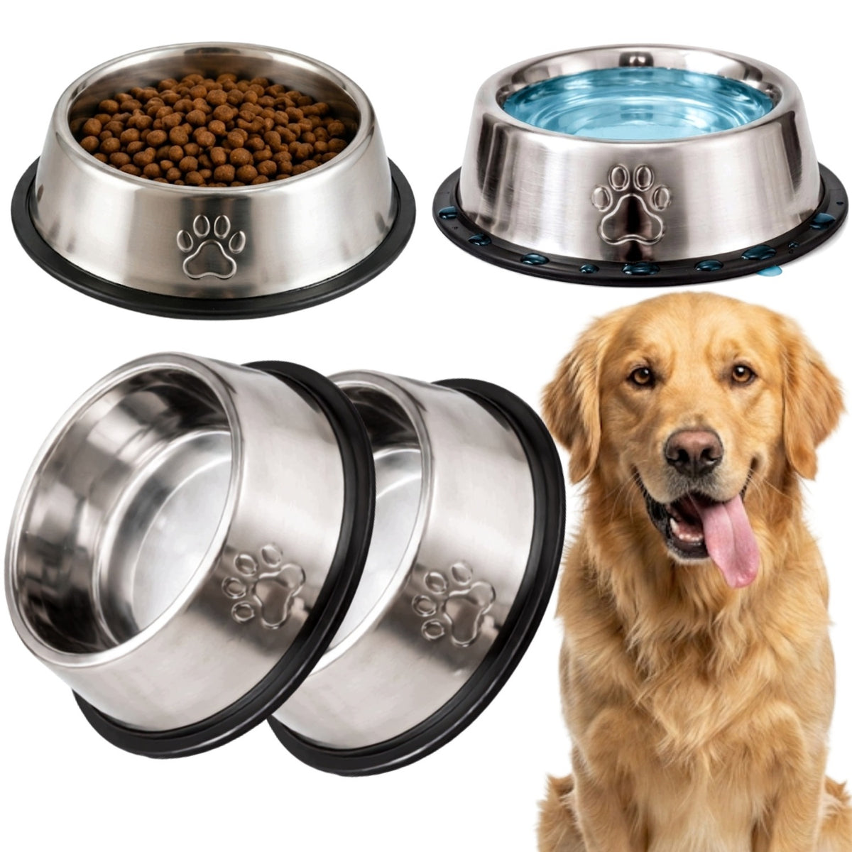 STAINLESS STEEL METAL DOG BOWL NON-SLIP LARGE 1,3L 2PCS