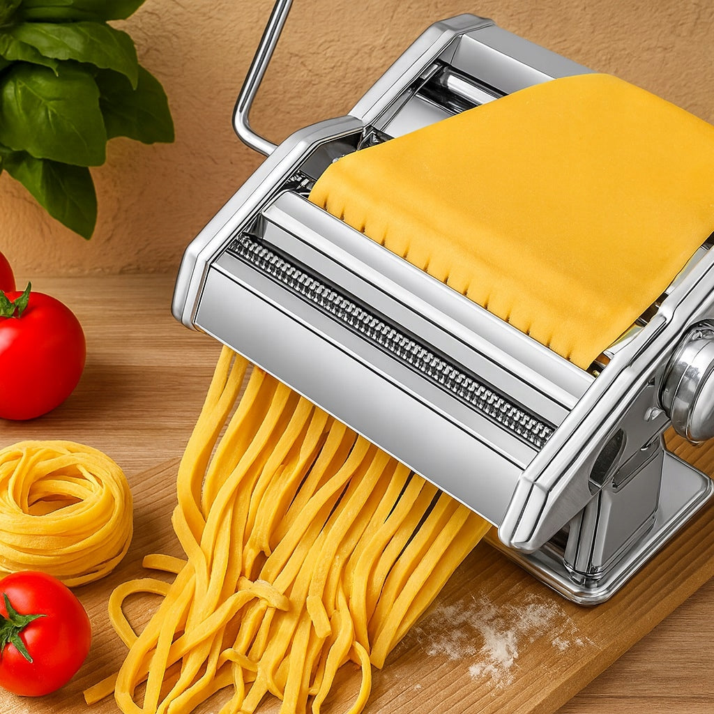 STAINLESS STEEL PASTA MACHINE WITH ROLLER AND KNIFE MONTESSA Functions rolling slicing