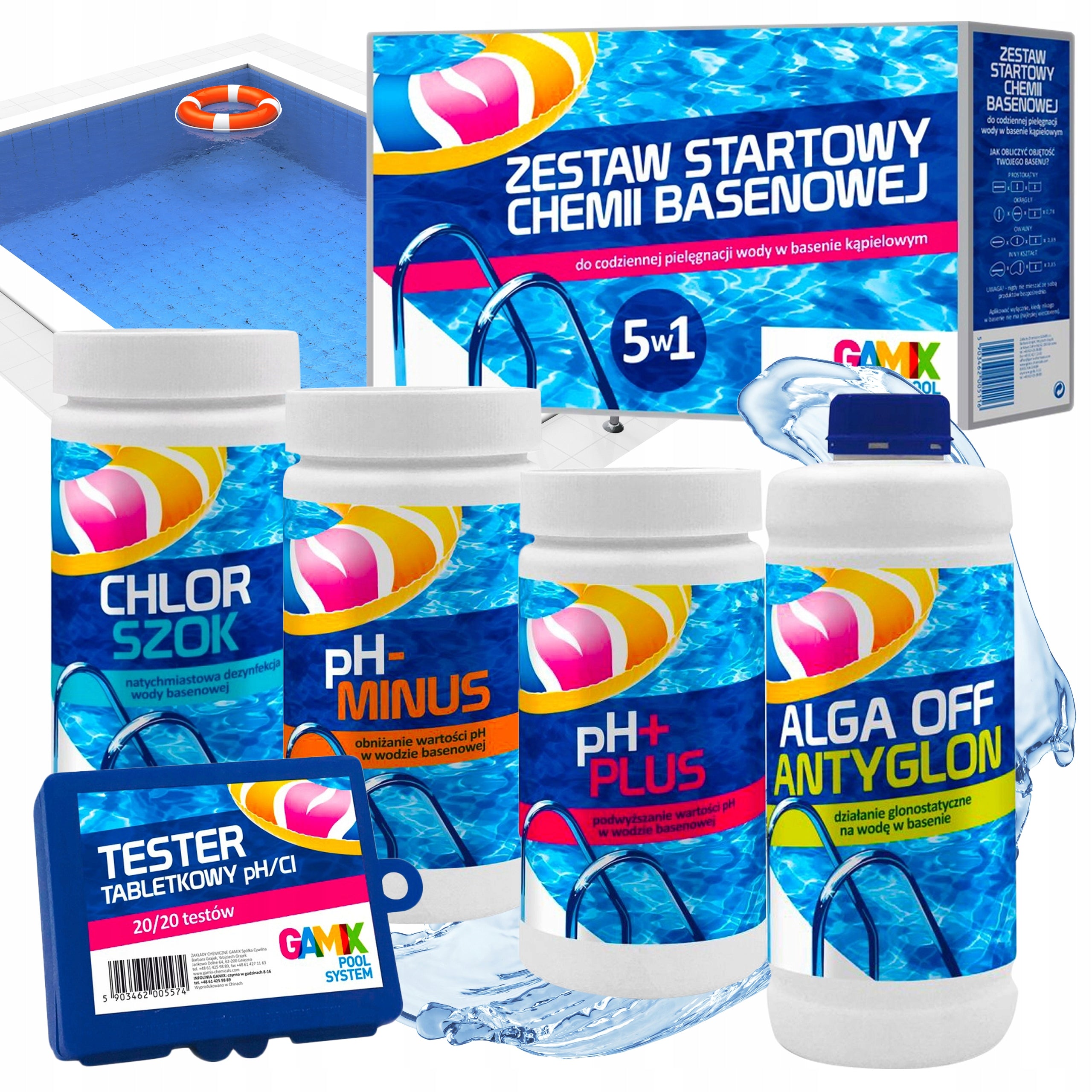 STARTER KIT 5IN1 POOL CHEMISTRY CHLORINE SHOCK ALGAE -PH+ FOR SWIMMING POOL GAMIX
