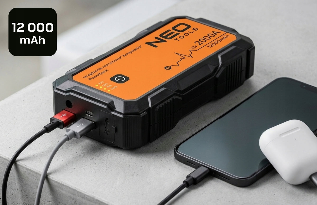 STARTING DEVICE BOOSTER JUMP STARTER POWERBANK 12000mAh LED NEO TOOLS Manufacturer code NEO 11-619 - ROZRUSZNIK SAMOCHODOWY POWERBANK