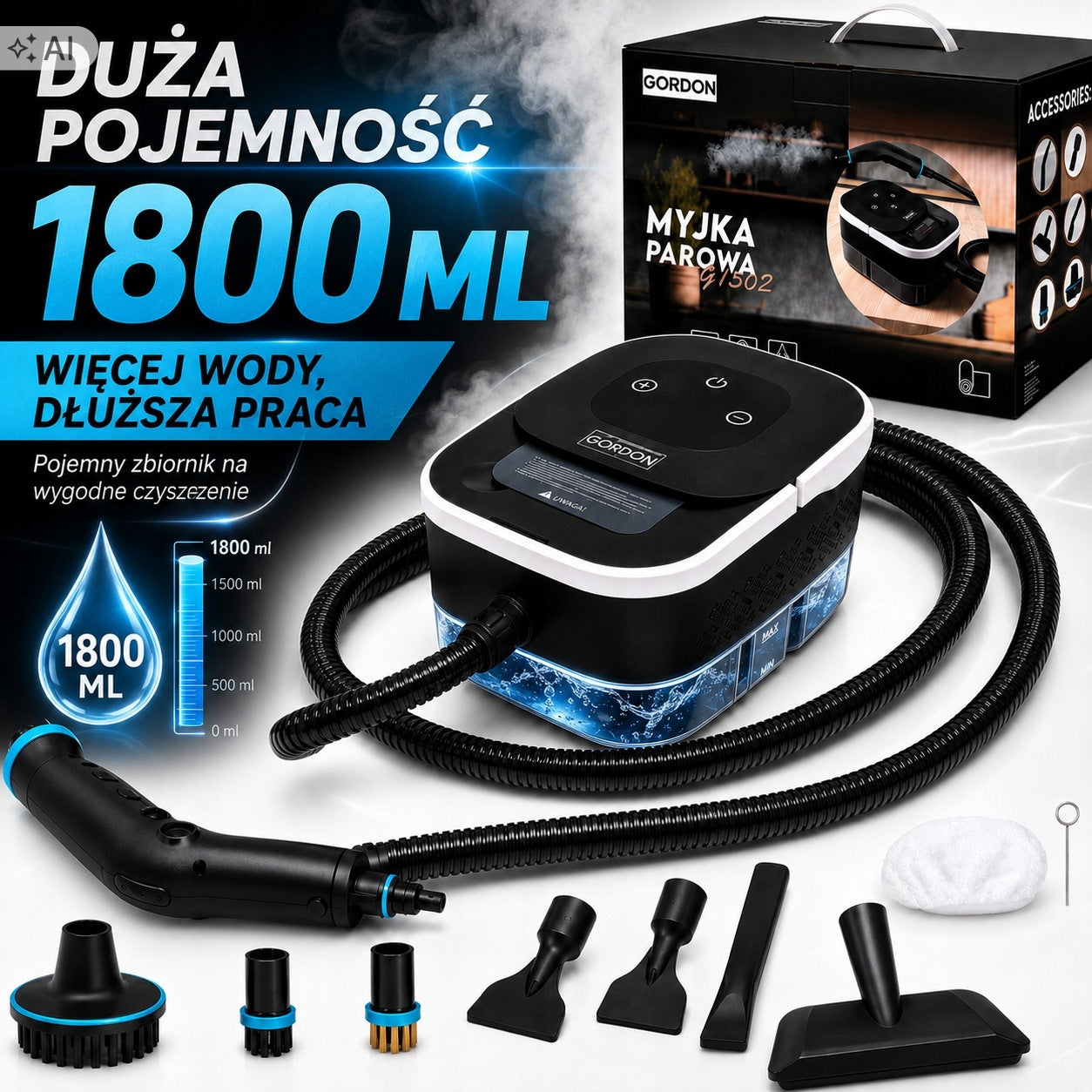 STEAM CLEANER STEAMER SET WITH ACCESSORIES FOR KITCHEN AND BATHROOM CAR Manufacturer code MYJKA PAROWA PAROWNICA GORDON ADP