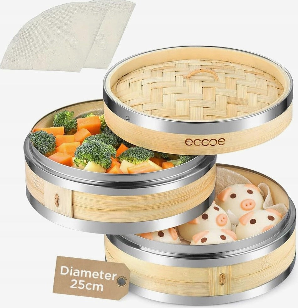 STEAMER 25 CM TWO LEVELS BAMBOO BASKET WITH LID HEALTHY COOKING
