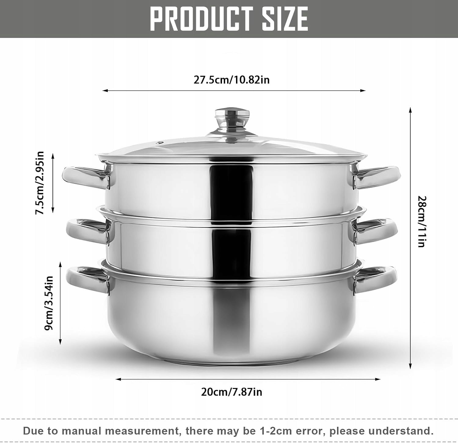 STEAMER 28 CM STEEL 3-STORY INDUCTION GLASS LID Brand GT