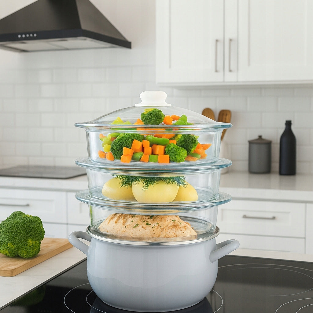 STEAMER STEAMING POT 3 Glass Sieves Fat Free Induction Packaging status original