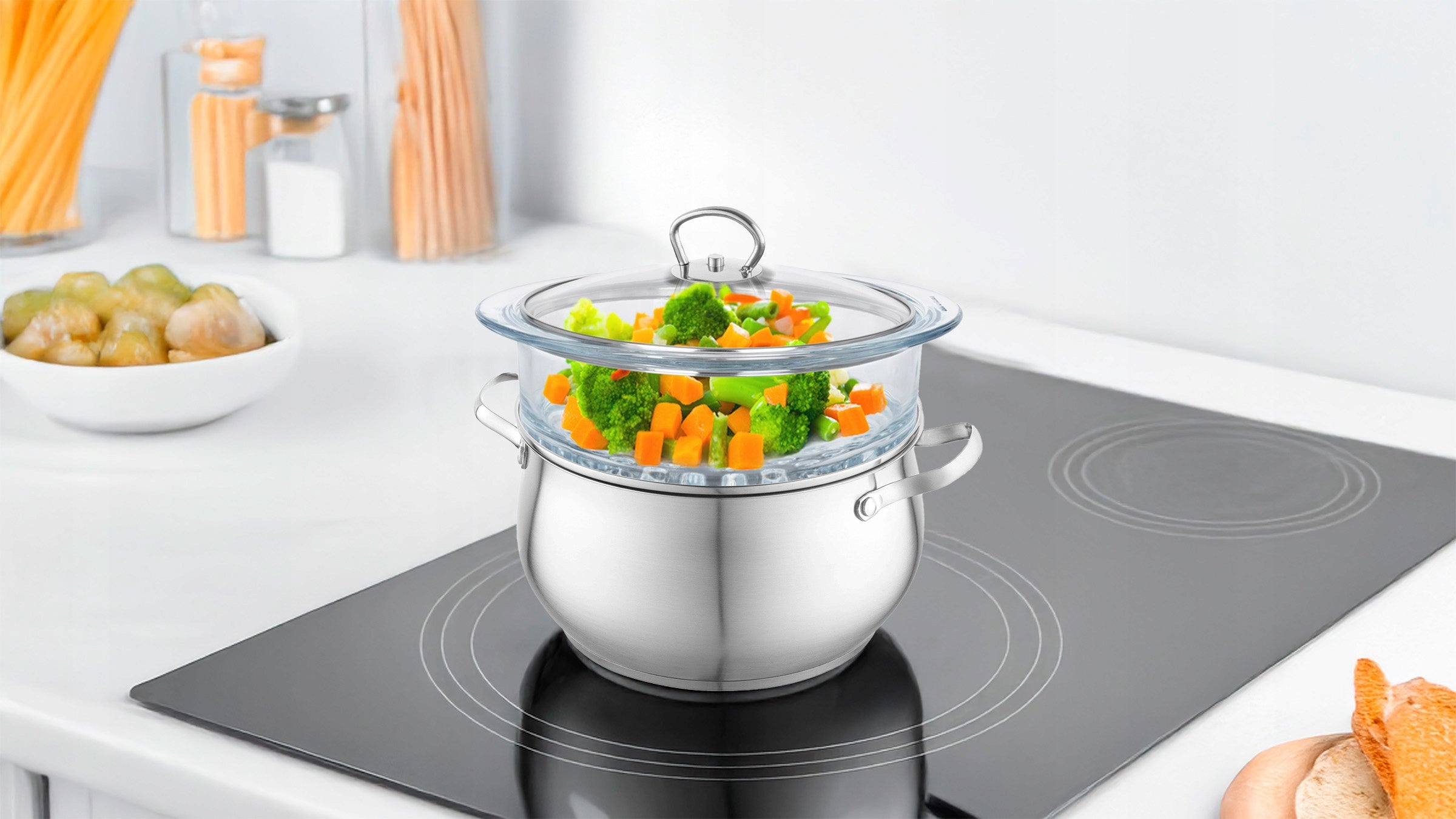 STEAMING POT Steamer Glass Sieve 5,9L All Stoves Packaging status original