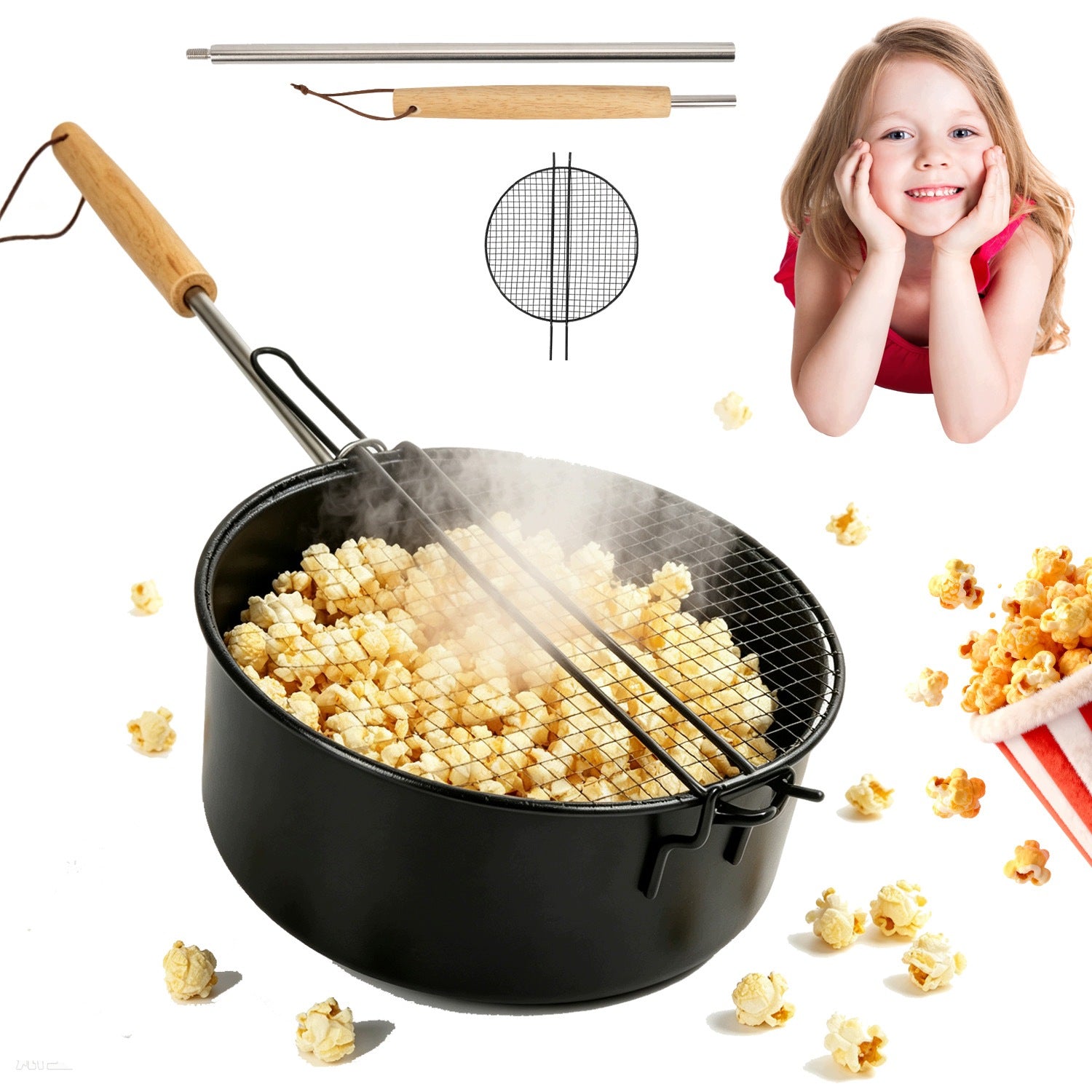 STEEL FIRE PIT POPCORN POT WITH HANDLE 50CM FOR CAMPING AND GARDEN