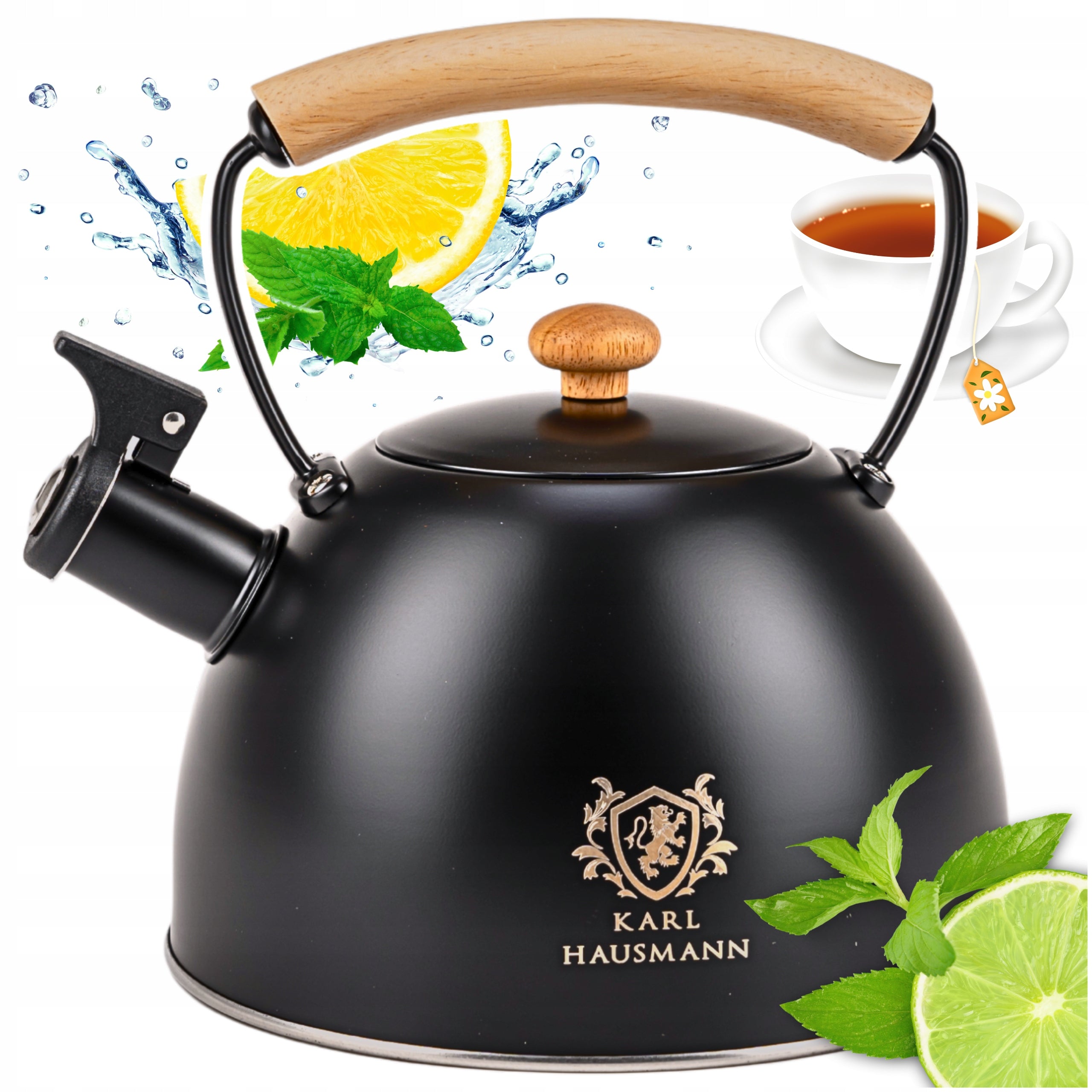 STEEL KETTLE FOR GAS 2,5L BLACK WITH WHISTLE +WOODEN HANDLE INDUCTION