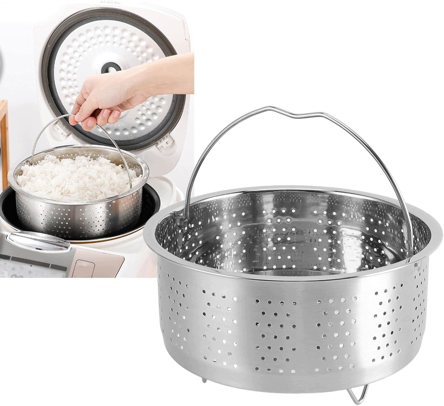 STEEL STEAM BASKET WITH RICE SUGAR REMOVAL HANDLE Brand EH