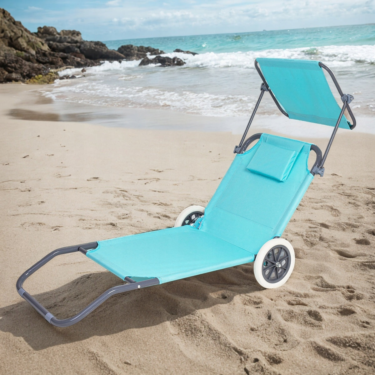 STEEL SUN LOUNGER WITH WHEELS FOLDING TOURIST REST MINT 52 x 150cm Width (shorter side) 52 cm