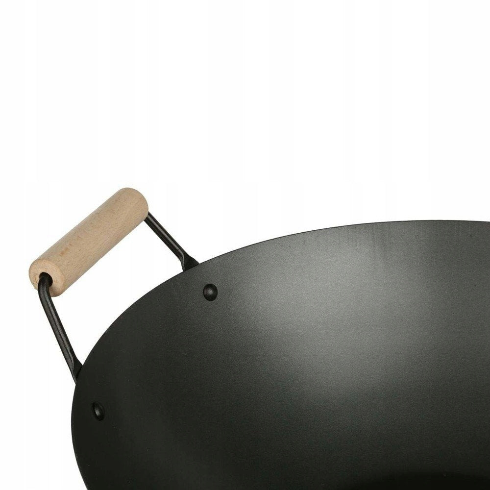 STEEL WOK DEEP FRYING PAN WITH WOODEN HANDLE Diameter 35 cm