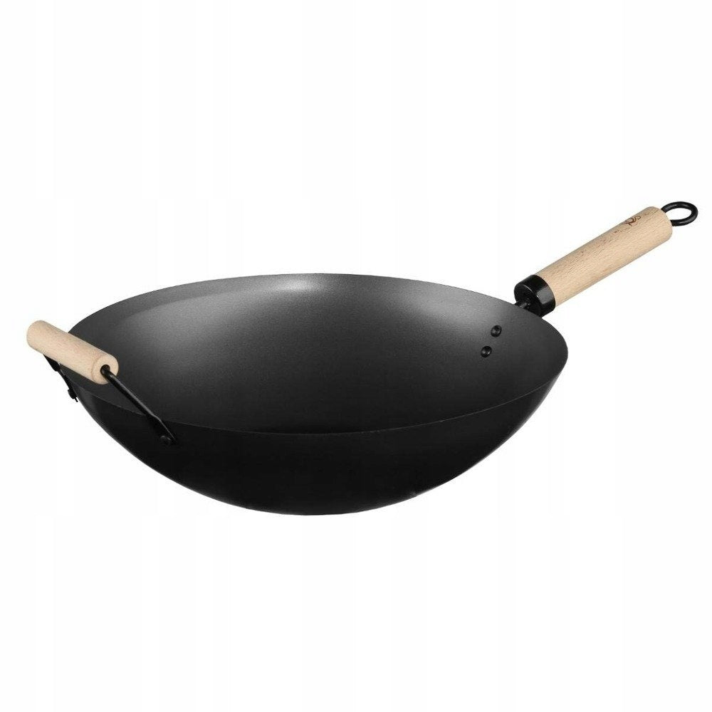 STEEL WOK DEEP FRYING PAN WITH WOODEN HANDLE