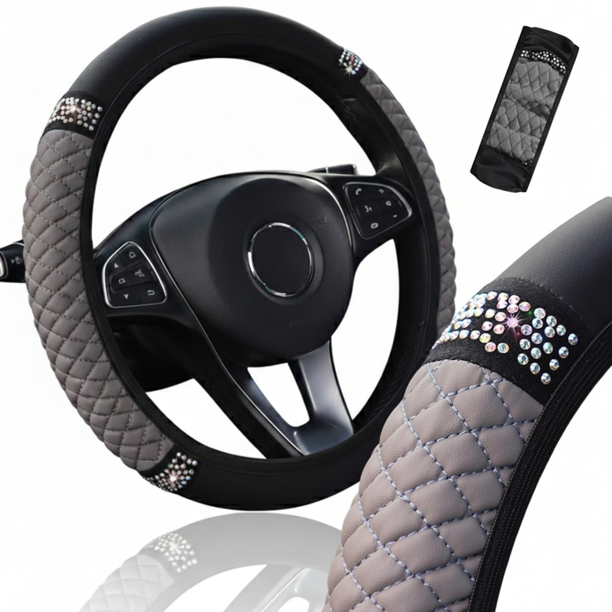 STEERING WHEEL COVER GREY QUILTED COVER UNIVERSAL 36-38CM