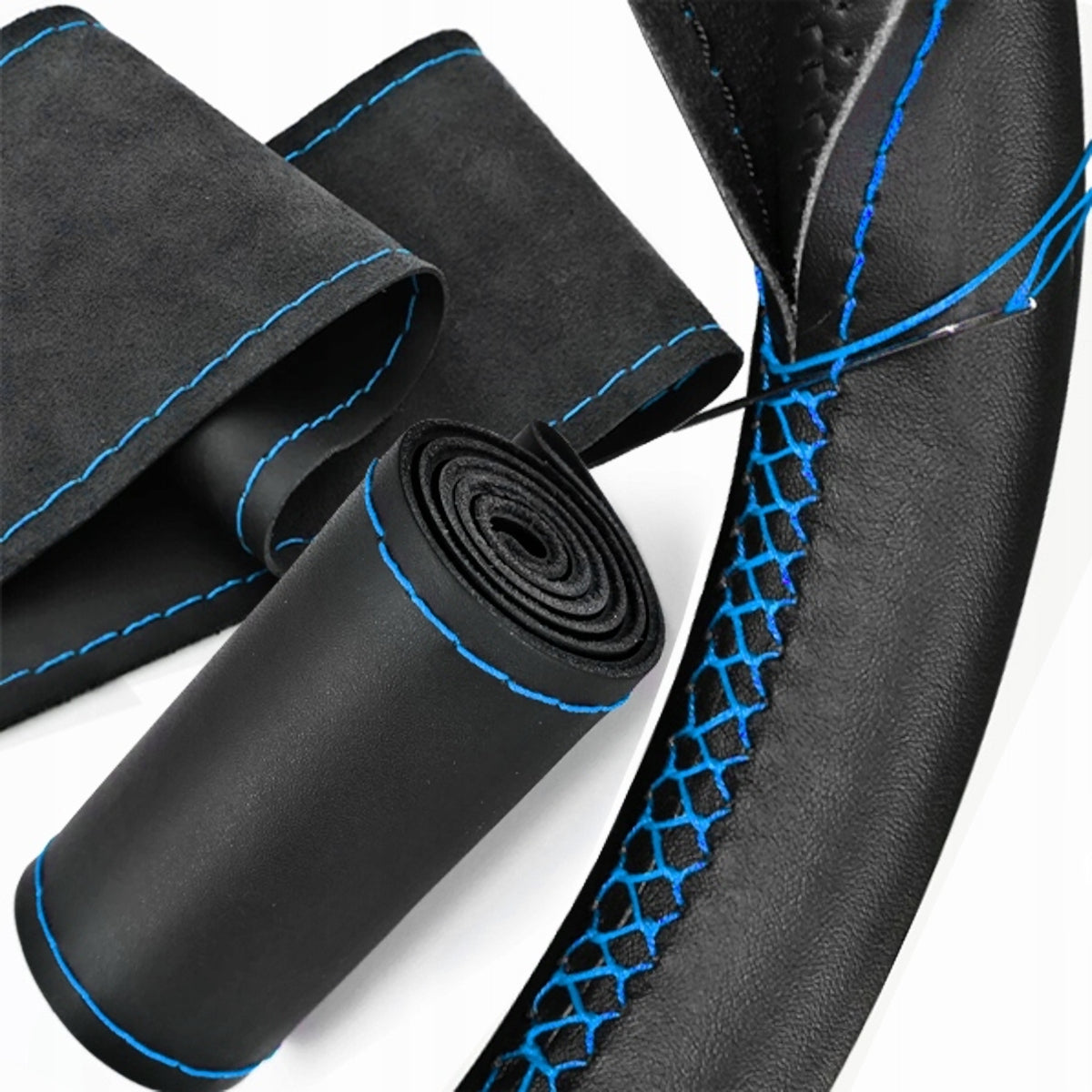 STEERING WHEEL COVER LEATHER COVER FOR EMBEDDING, BLACK WITH BLUE THREAD