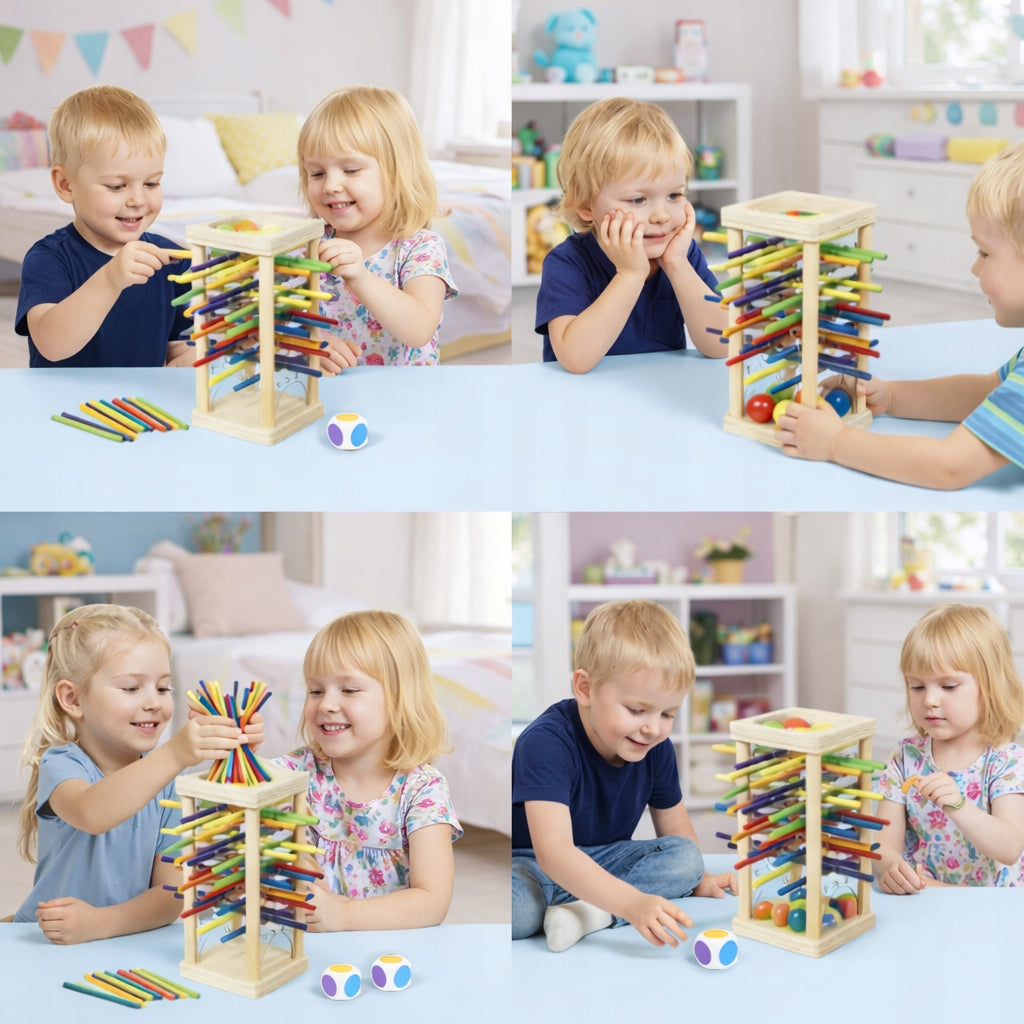 STICK PYRAMID ARCADE GAME WOODEN 2IN1 PIECES FALLING BALLS Packaging status original
