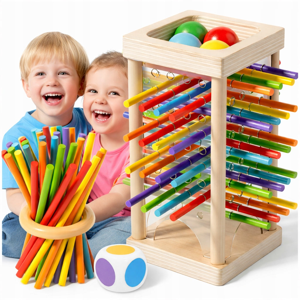 STICK PYRAMID ARCADE GAME WOODEN 2IN1 PIECES FALLING BALLS