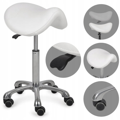 STOOL ON WHEELS SWIVEL ALMA SADDLE FOR BEAUTY SALON WHITE HABYS