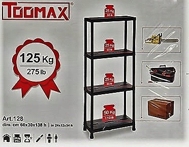 STORAGE RACK BLACK PLASTIC GARAGE FOR OFFICE BASEMENT 4 SHELVES STRONG Manufacturer code 004914